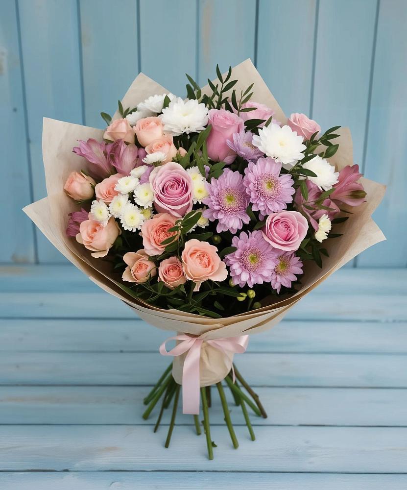 Букет цветов из: Хризантемы, Розы и Альстромерии в Тюхтете