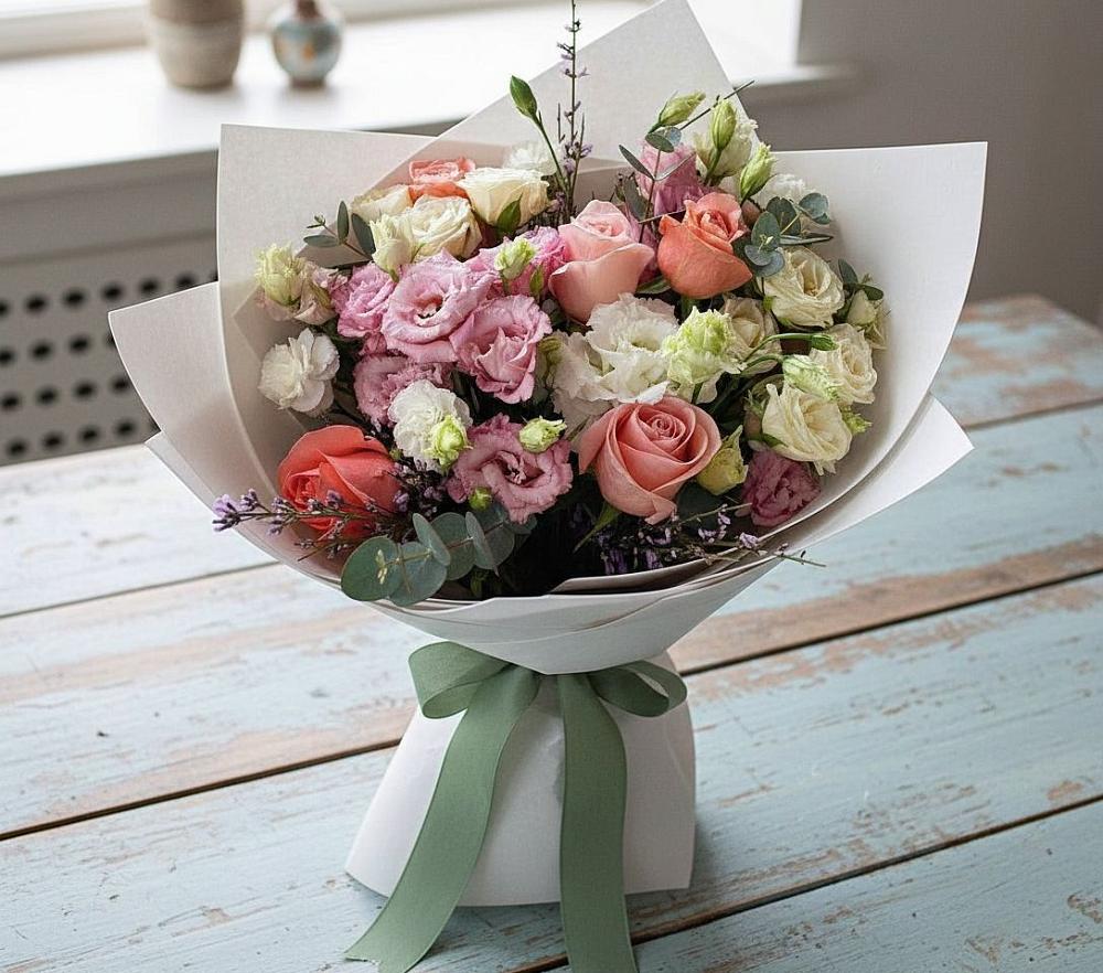 Букет цветов из: Розы, Лизиантусы и Гвоздики в Тюхтете