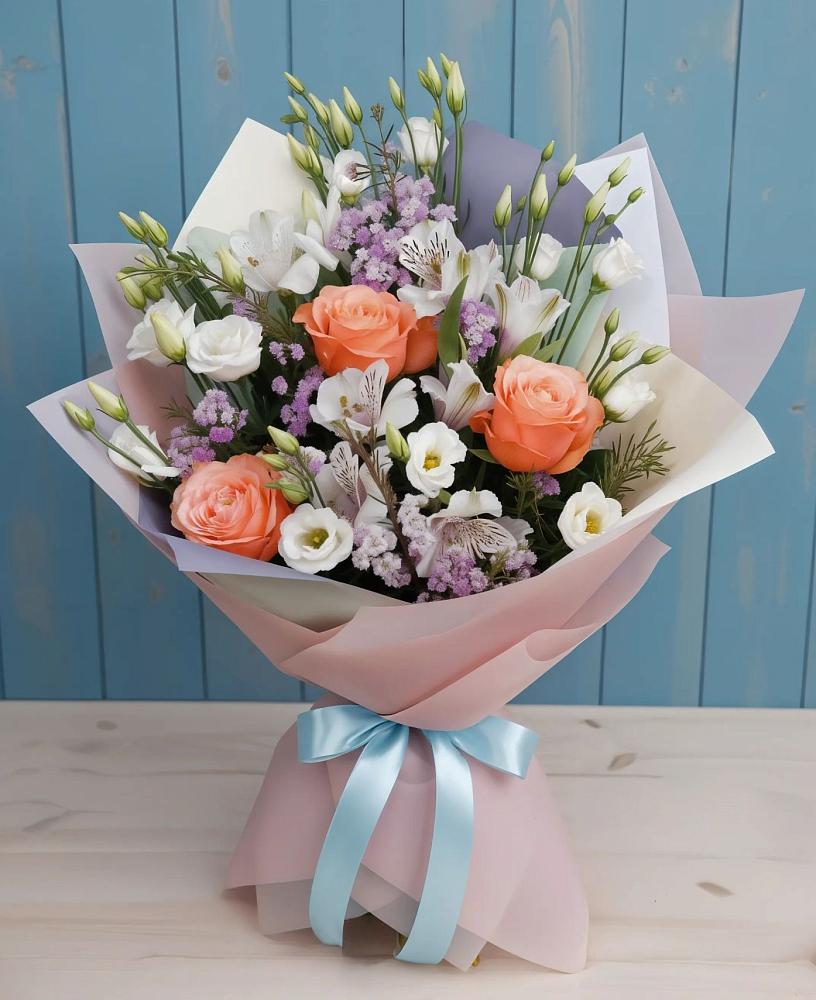 Букет цветов из: Лизиантусы, Розы, Альстромерии и Гипсофила в Тюхтете
