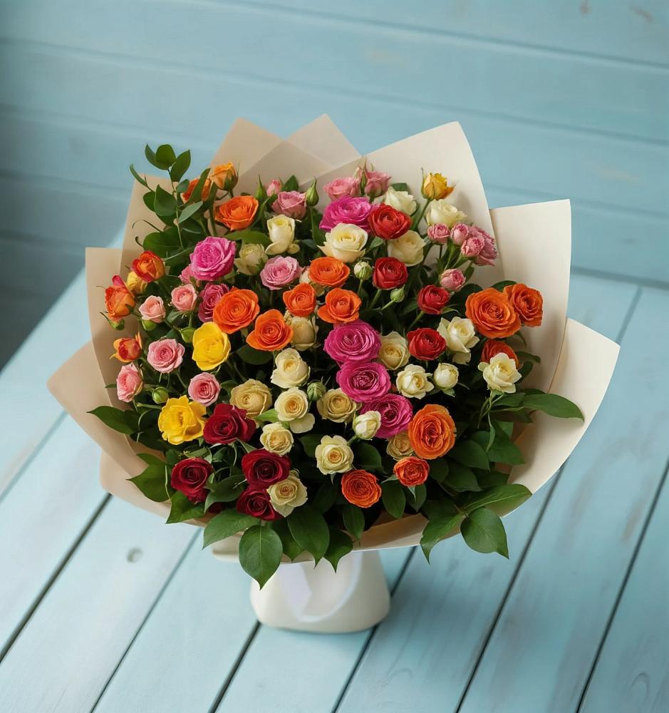 Букет Микс из разноцветных кустовых роз в Тюхтете