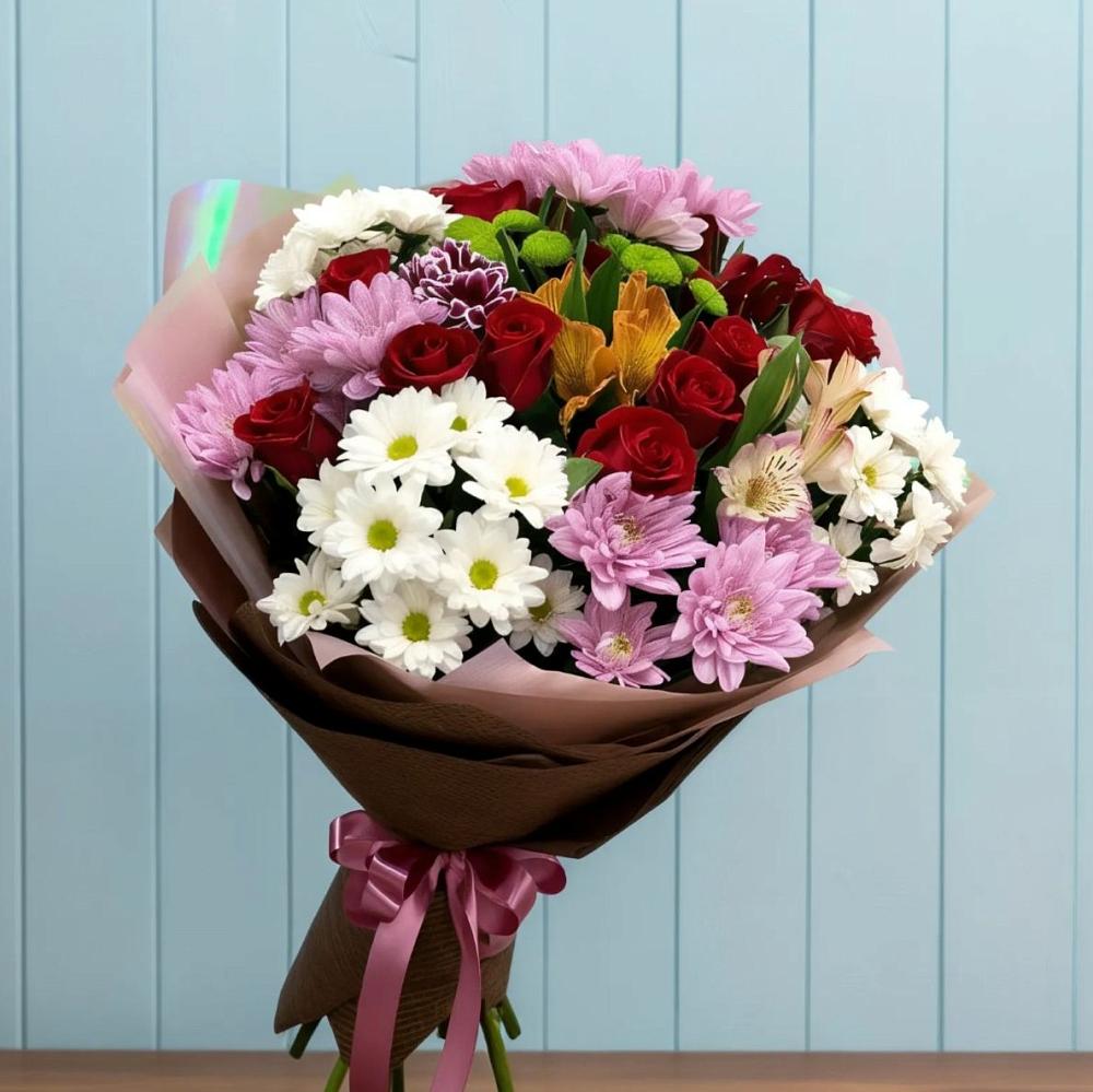 Букет цветов из: Розы, Хризантемы и Альстромерии в Тюхтете