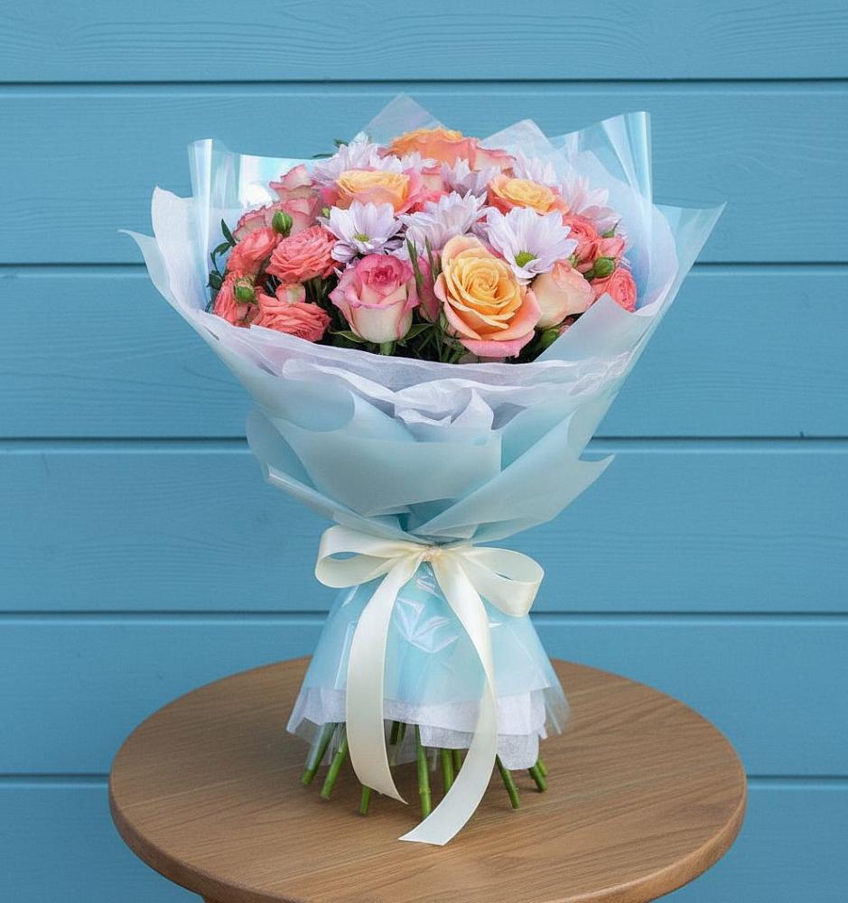 Букет цветов из: Хризантемы и Розы в Тюхтете