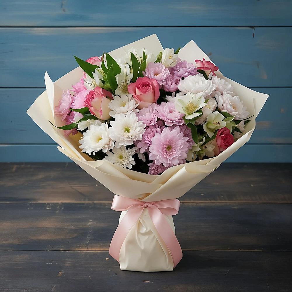 Букет цветов из: Хризантемы, Альстромерии и Розы в Тюхтете